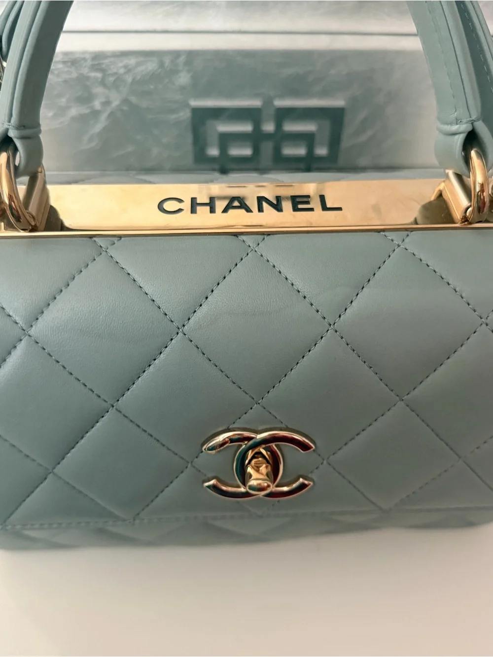 CHANEL Sage Green Quilted Top Handle Satchel with Gold Hardware